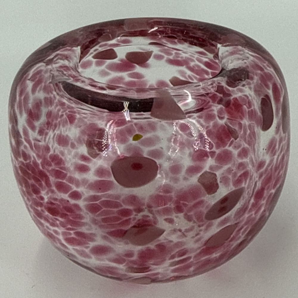 Small Hand Blown Art Glass Rose Bowl Murano Style Vase-Pink Sphere Spatter Desig